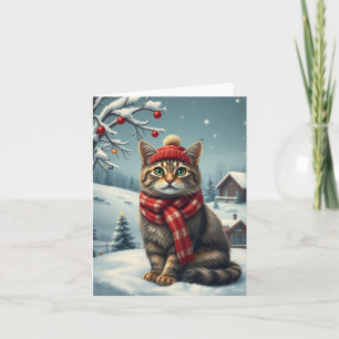 Gestreepte kat in nette winterkleding en hoed Wint Kaart