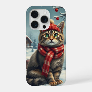 Gestreepte kat in preppy winterkleding en hoed iPhone 15 pro case