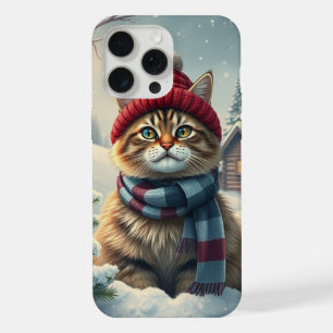 Gestreepte kat in preppy winterkleding en hoed iPhone 15 pro max case