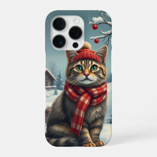 Gestreepte kat in preppy winterkleding en hoed iPhone 16 pro hoesje