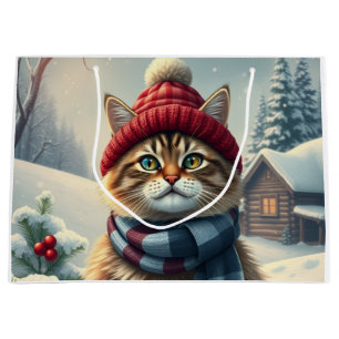Gestreepte kat in preppy winterkleding en hoed Win Groot Cadeauzakje
