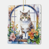 Gestreepte kat in venster van bloemen gepersonalis keramisch ornament (Links)