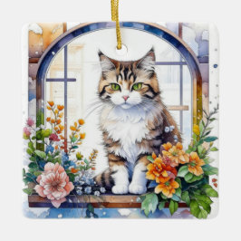 Gestreepte kat in venster van bloemen gepersonalis keramisch ornament