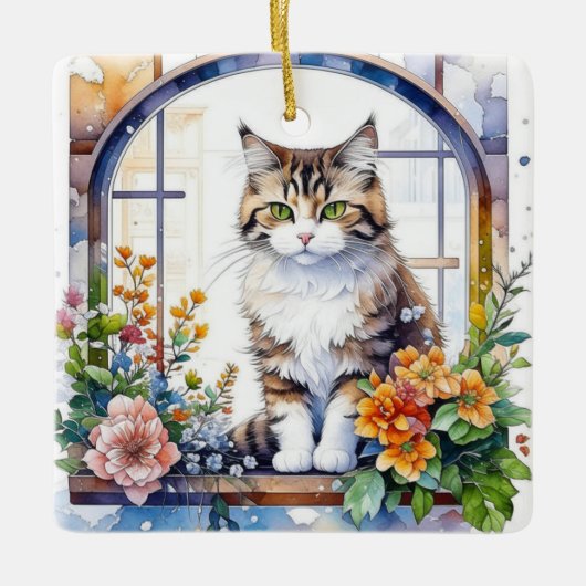 Gestreepte kat in venster van bloemen gepersonalis keramisch ornament (Voorkant)