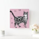 Gestreepte Kat Katten Kunst Dier Kind Pastel Roze  Vierkante Klok (Huis)