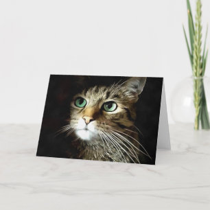 Gestreepte kat met groene ogen, geïsoleerd op zwar kaart