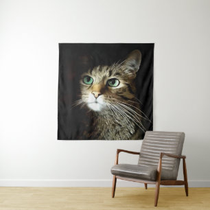Gestreepte kat met groene ogen, geïsoleerd op zwar wandkleed