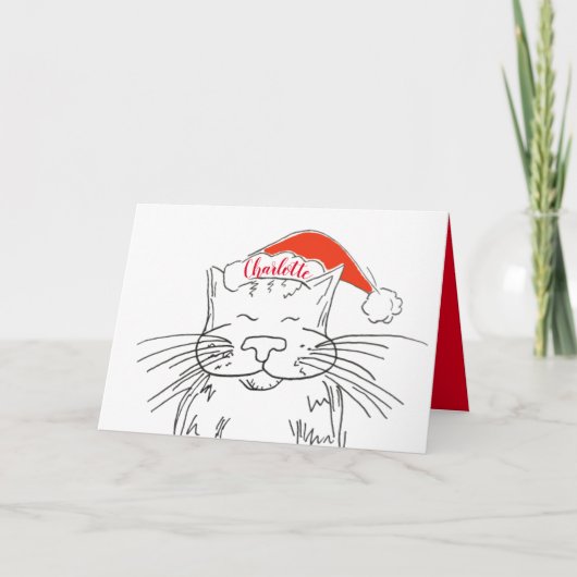 Gestreepte kat met rode kerstmuts Kerstmis Feestdagen Kaart (Voorkant)