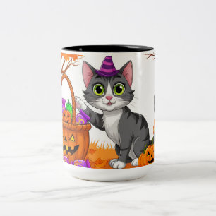 Gestreepte Kat Met Snoep Gevulde Jack O Lantern 🍂 Tweekleurige Koffiemok