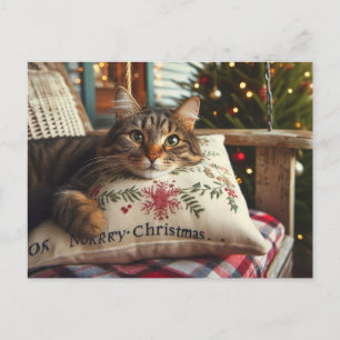 Gestreepte Kat Vrolijk Kerstmis AI Ansichtkaart Briefkaart