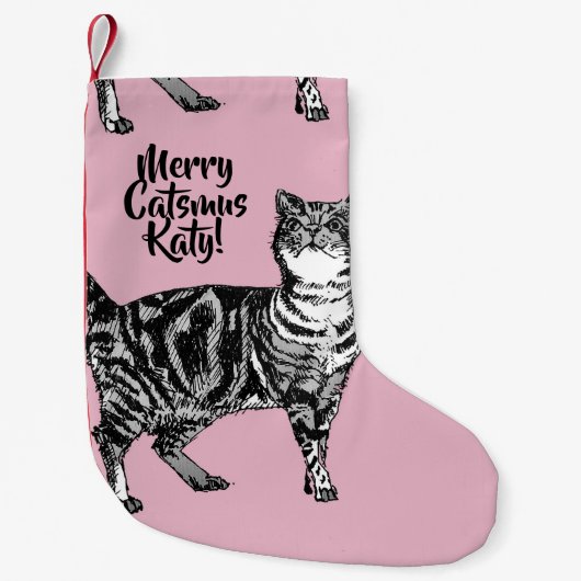 Gestreepte Kat Vrolijke Katten Pink Kerstkous Kleine Kerstsok (Voorkant)