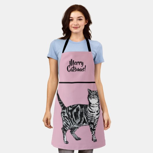 Gestreepte Kat Vrolijke Katten Pink Kerstmuts Schort (Gedragen)
