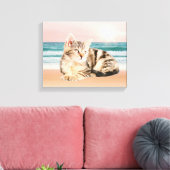Gestreepte kat zittend op strand zonsondergang Oli Canvas Afdruk (Insitu (Woonkamer))
