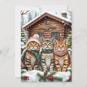Gestreepte katten in preppy winterkleding en hoed  feestdagenkaart