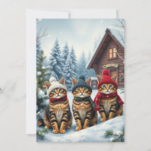 Gestreepte katten in preppy winterkleding en hoed  feestdagenkaart