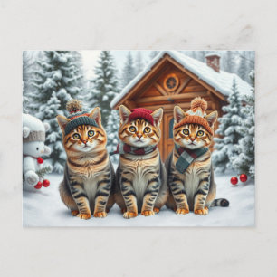 Gestreepte katten in preppy winterkleding en hoed feestdagenkaart