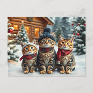 Gestreepte katten in preppy winterkleding en hoed feestdagenkaart