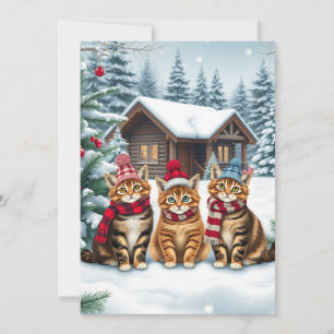 Gestreepte katten in preppy winterkleding en hoed  feestdagenkaart