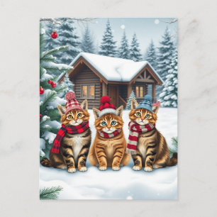 Gestreepte katten in preppy winterkleding en hoed feestdagenkaart
