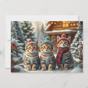 Gestreepte katten in preppy winterkleding en hoed  feestdagenkaart