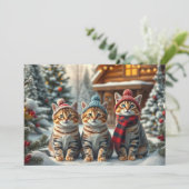 Gestreepte katten in preppy winterkleding en hoed  feestdagenkaart (Staand voorkant)