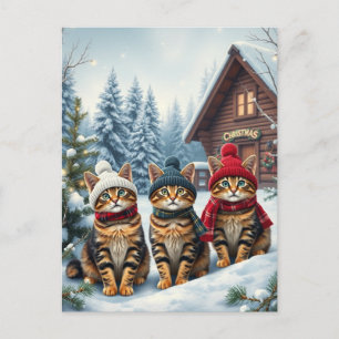 Gestreepte katten in preppy winterkleding en hoed feestdagenkaart