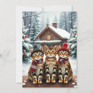 Gestreepte katten in preppy winterkleding en hoed feestdagenkaart