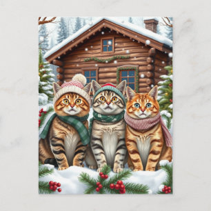 Gestreepte katten in preppy winterkleding en hoed feestdagenkaart