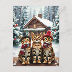 Gestreepte katten in preppy winterkleding en hoed feestdagenkaart