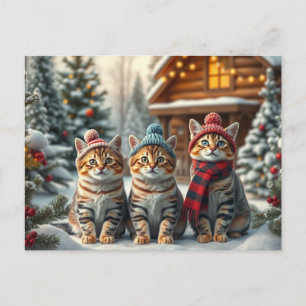 Gestreepte katten in preppy winterkleding en hoed feestdagenkaart