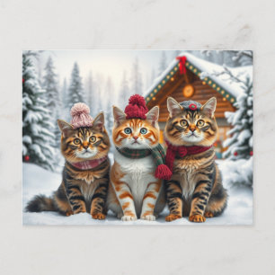 Gestreepte katten in preppy winterkleding en hoed feestdagenkaart