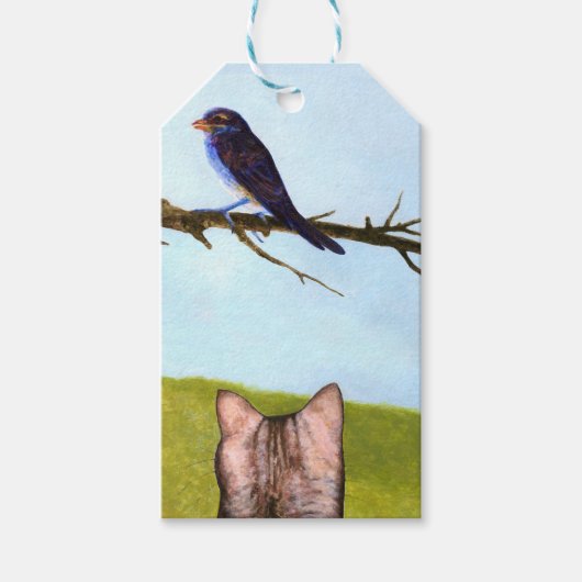 Gestreepte katten praten met vogels cadeaulabel (Voorkant)