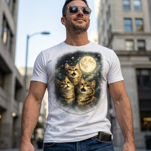 Gestreepte katten starend naar volle maan en sterr t-shirt