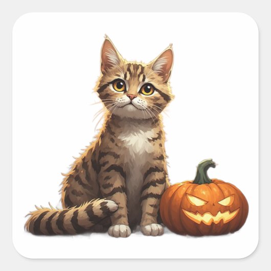 Gestreepte Kitten Herfst Halloween Thema 🎃 Vierkante Sticker (Voorkant)