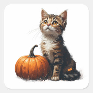 Gestreepte Kitten In Pompoenenveld Halloween Scene Vierkante Sticker