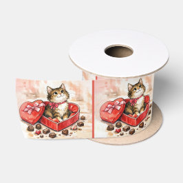 Gestreepte kitten zit in een snoepdoos satijnen lint