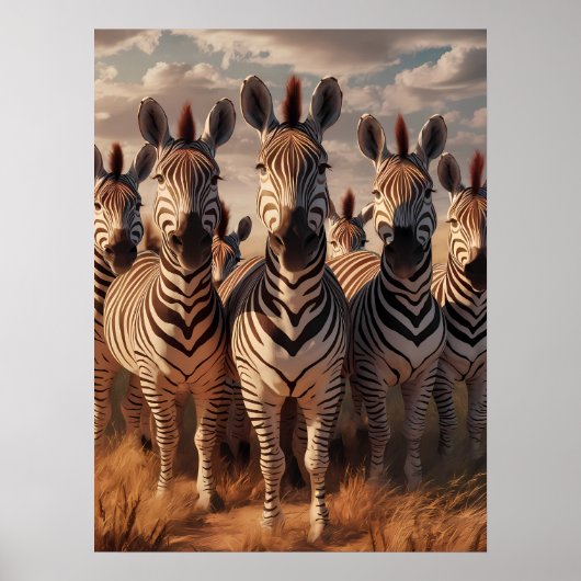 Gestreepte Majesteit: Zebra kudde in droog gras Poster (Voorkant)