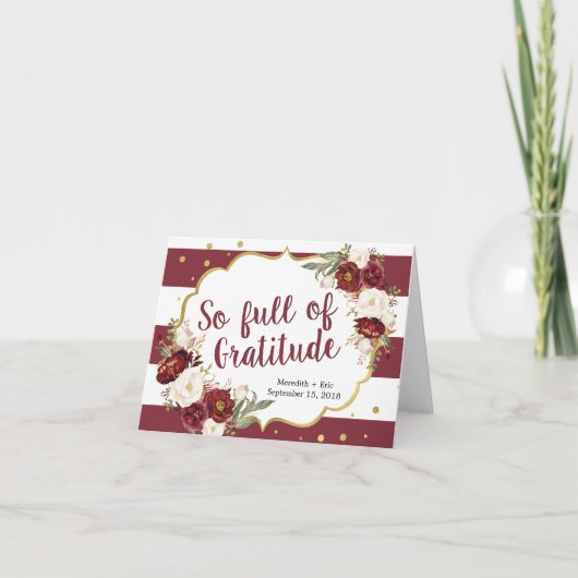Gestreepte Marsala Bloemen Bruiloft Bedankkaart (Voorkant)