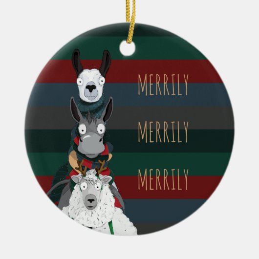 Gestreepte "Merrily" winterdieren Keramisch Ornament (Voorkant)