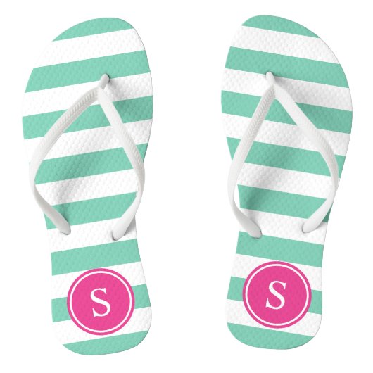 Gestreepte monogram in Zee Schuim & Roze Teenslippers (Voetbed)
