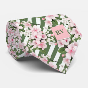 Gestreepte Monogrammed Cherry Blossom Bloemen Stropdas