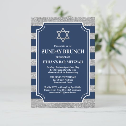 Gestreepte Navy Grey Bar Mitzvah Ster van David Br Kaart (Staand voorkant)
