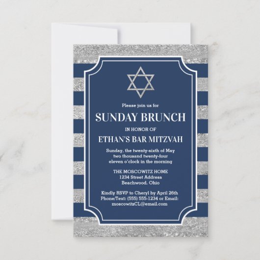 Gestreepte Navy Grijs Bar Mitzvah Ster van David B Kaart (Voorkant)