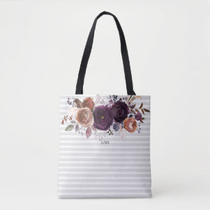 Gestreepte Paarse en Bourgondische bloemenmonogram Tote Bag