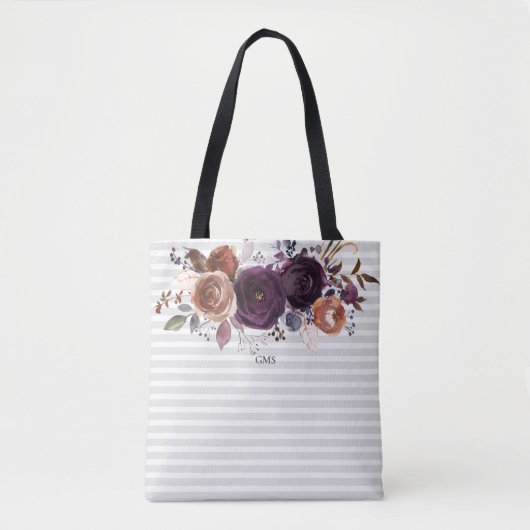 Gestreepte Paarse en Bourgondische bloemenmonogram Tote Bag (Voorkant)