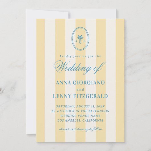 Gestreepte Palm Tree Monogram Classy Beach Wedding Kaart (Voorkant)