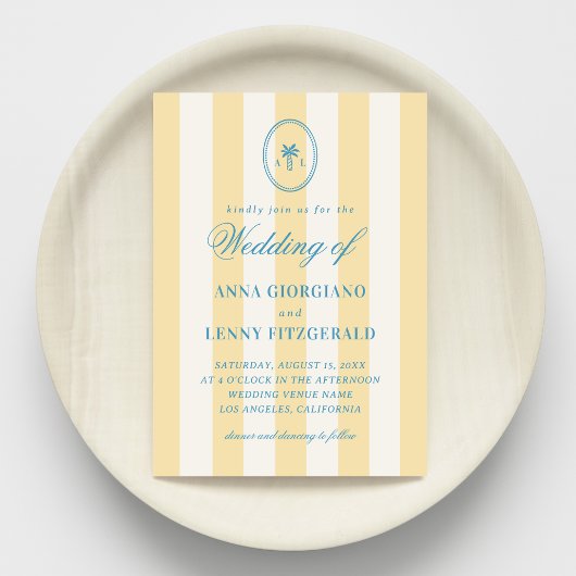 Gestreepte Palm Tree Monogram Classy Beach Wedding Kaart