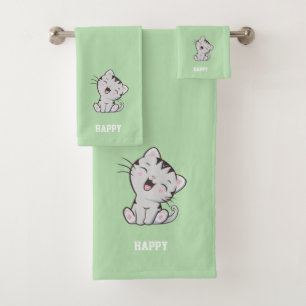Gestreepte poes kat & naam tekst op lichtgroen bad handdoek
