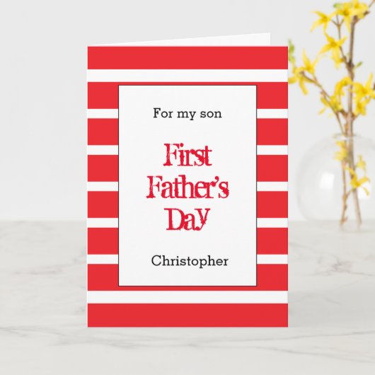 Gestreepte rode 1e Vaderdag zoon Kaart (Gele Bloem)
