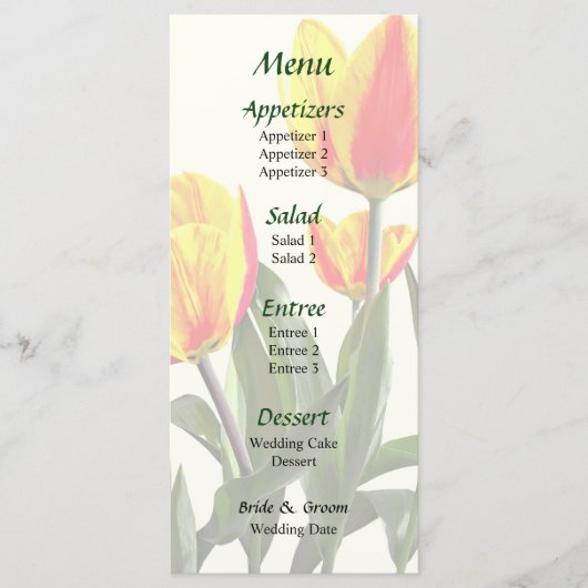 Gestreepte rode en gele tulpen trouwmenu menu (Voorkant)